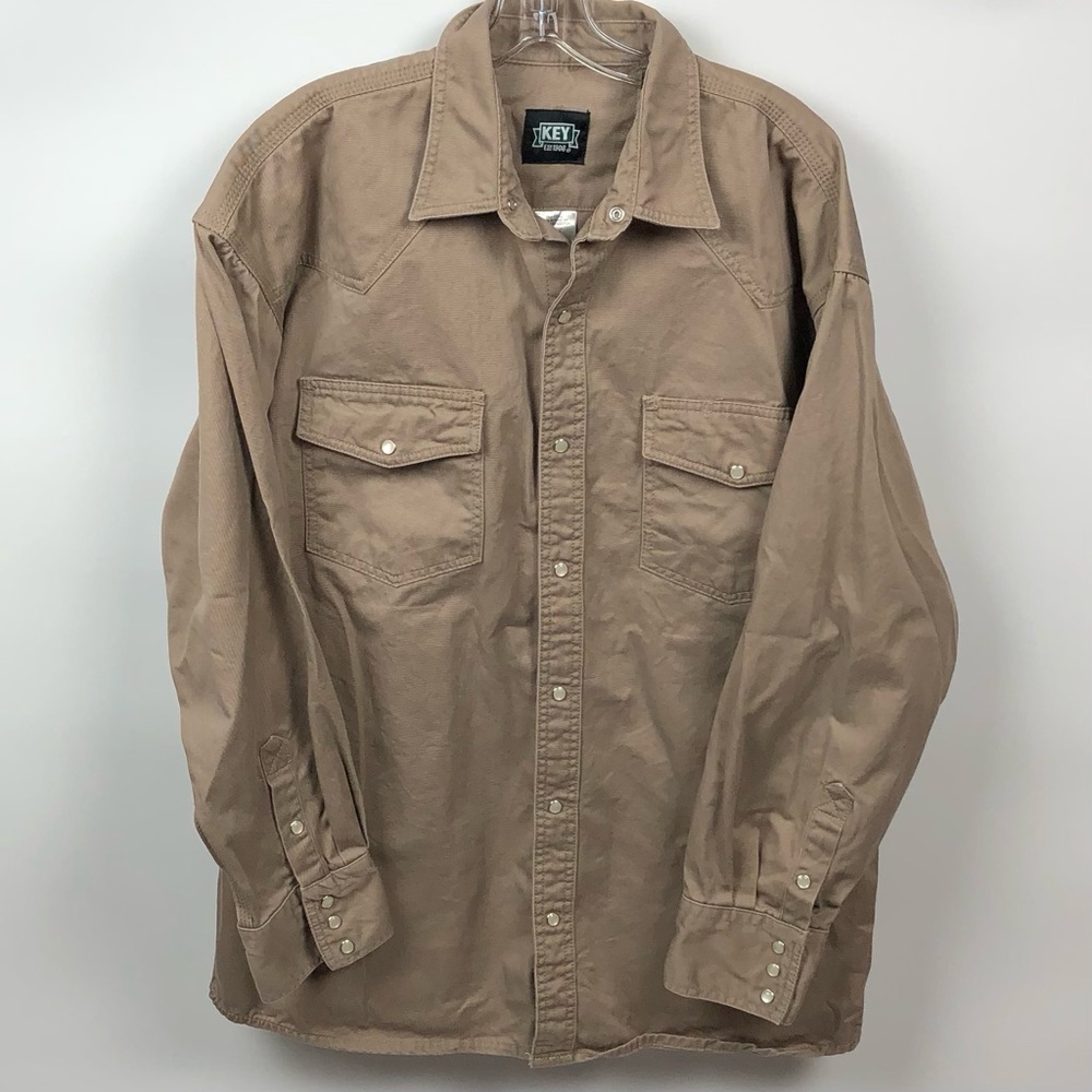 Key Apparel Shirt Pearl Snap Khaki Brown Long Sleeve Heavyweight Work Mens XL